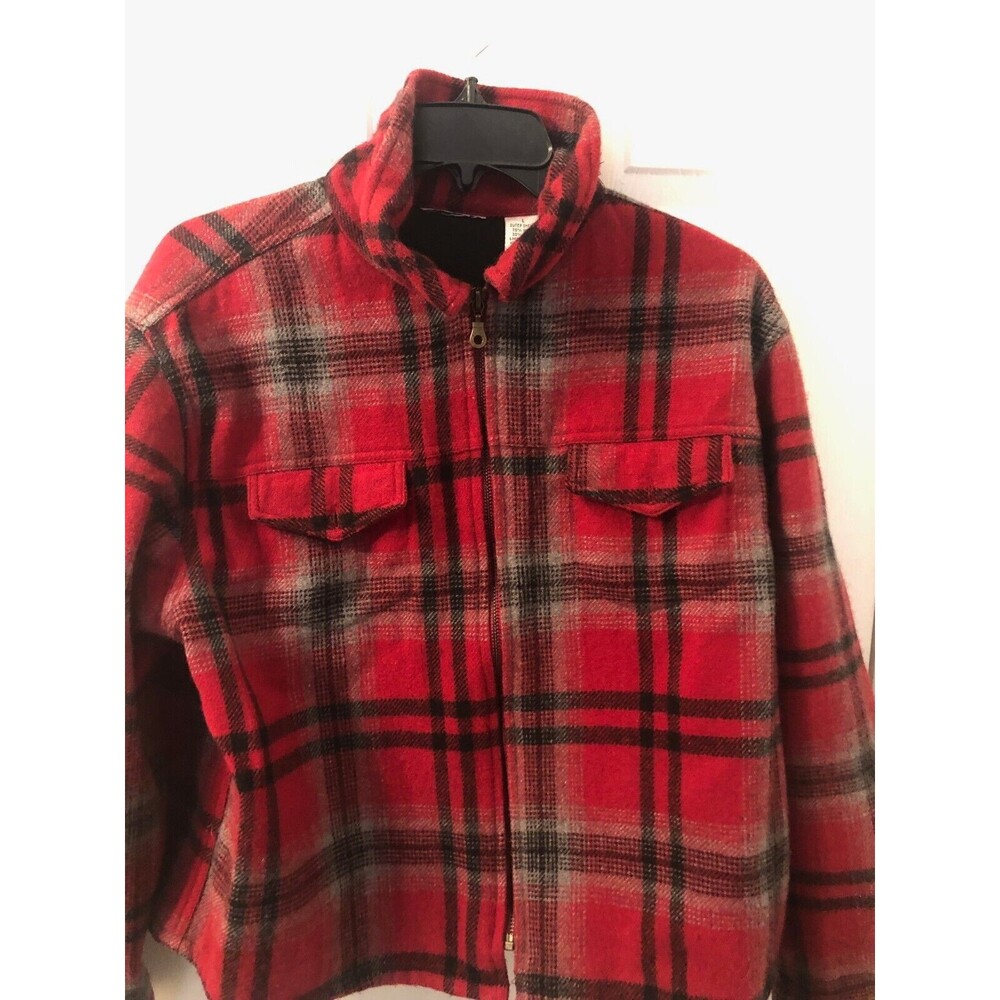 Red Plaid Jacket Womens Large Full Zip 100% Cotton Polar Fleece with Pockets